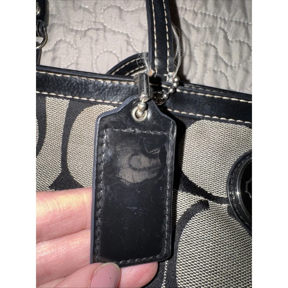 Vtg Coach Signature Canvas Handbag Black Stripe Black Gray Double Handles 13x9”